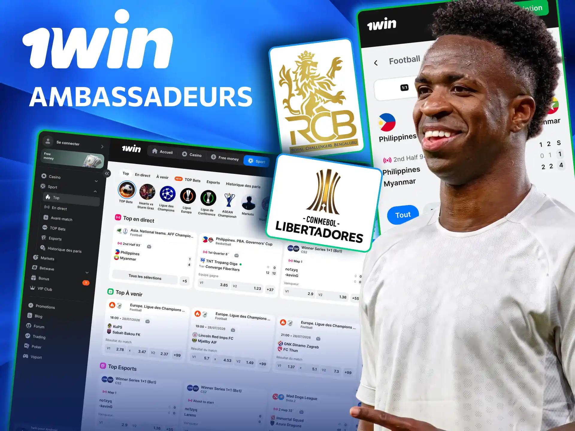 Sur 1win Côte d’Ivoire Vinicius Junior ambassadeur international.