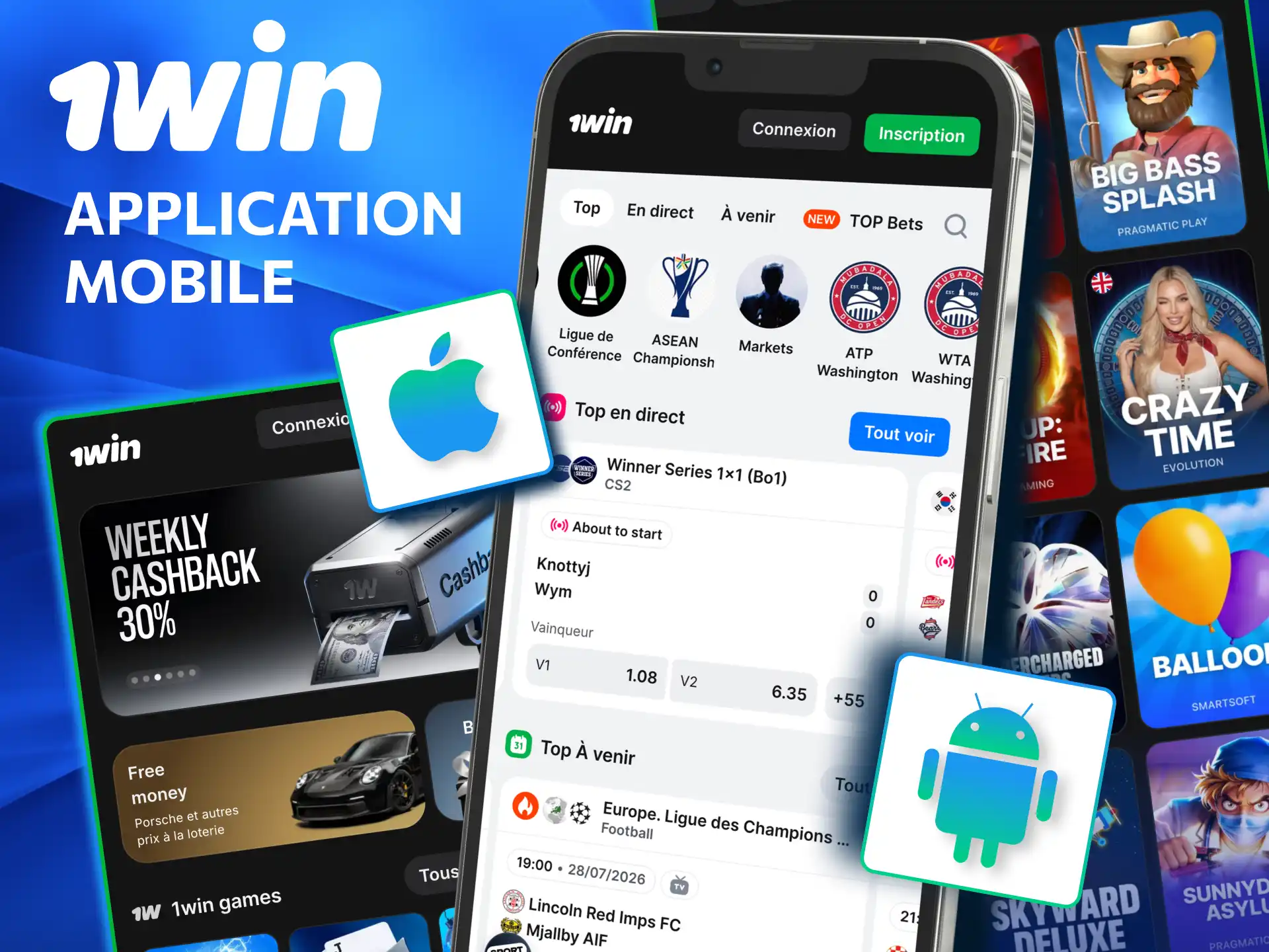 Application 1win Côte d’Ivoire fonctionne parfaitement Android et iOS.